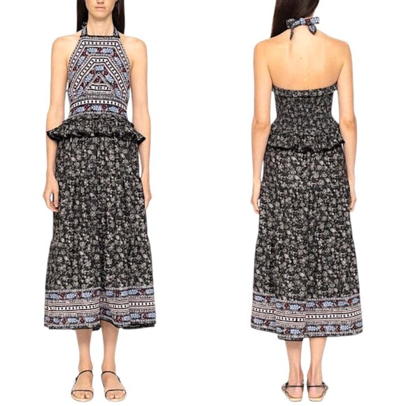 Sea New York, Women’s ‘Everly’ Embroidered Halter Midi Dress Ruffle, Black Small - Picture 1 of 16